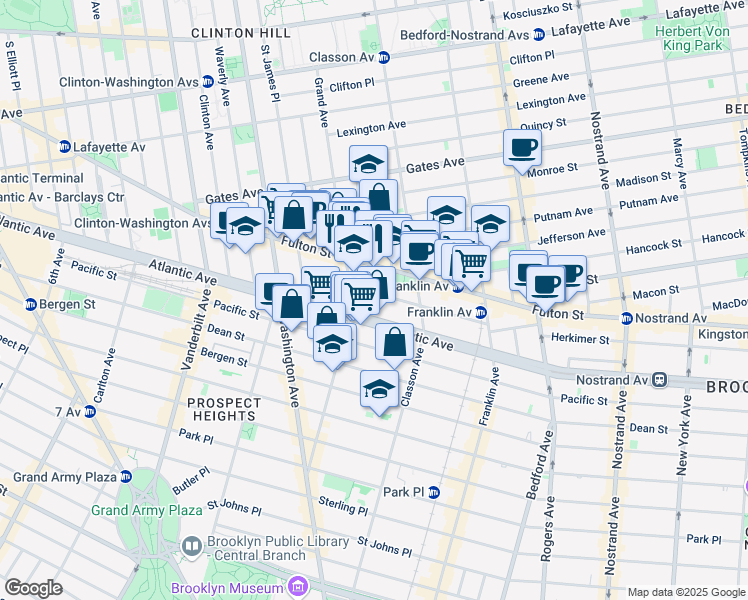 map of restaurants, bars, coffee shops, grocery stores, and more near 73 Lefferts Place in Brooklyn