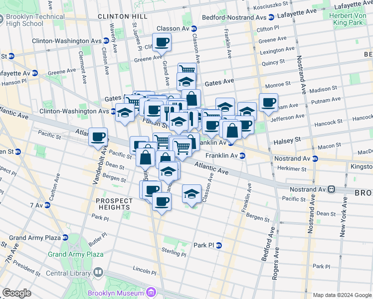 map of restaurants, bars, coffee shops, grocery stores, and more near 73 Lefferts Place in Brooklyn