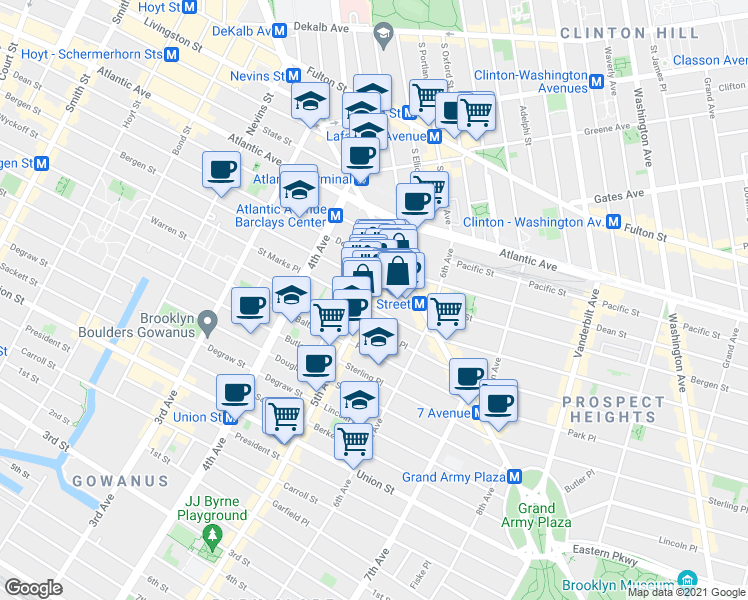 map of restaurants, bars, coffee shops, grocery stores, and more near 448 Dean Street in Brooklyn