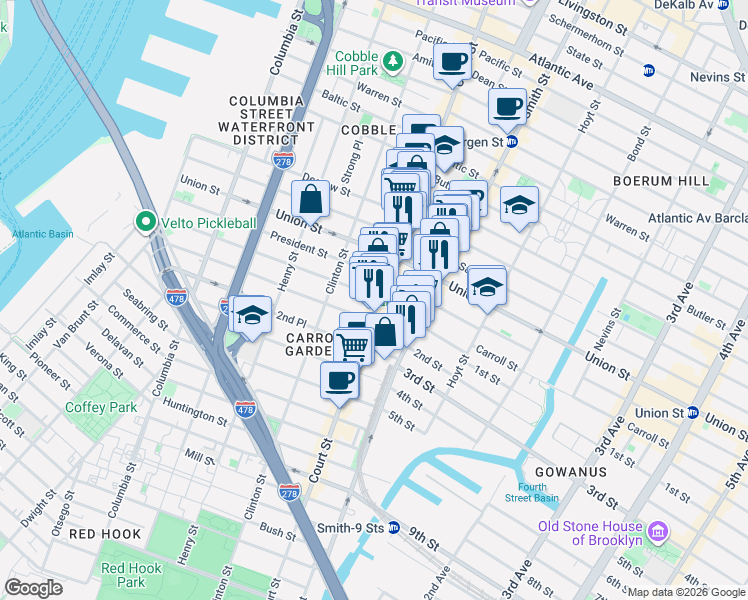 map of restaurants, bars, coffee shops, grocery stores, and more near 374 Court Street in Brooklyn