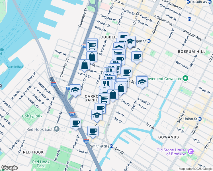 map of restaurants, bars, coffee shops, grocery stores, and more near 423 Clinton Street in Brooklyn