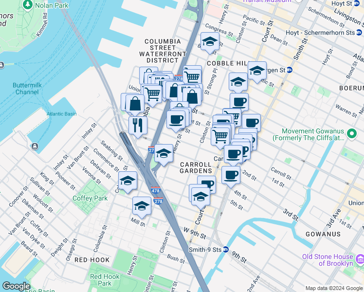 map of restaurants, bars, coffee shops, grocery stores, and more near 166 Summit Street in Brooklyn