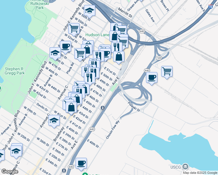 map of restaurants, bars, coffee shops, grocery stores, and more near 34 East 49th Street in Bayonne