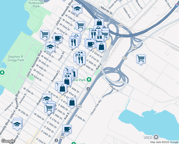 map of restaurants, bars, coffee shops, grocery stores, and more near 34 East 49th Street in Bayonne