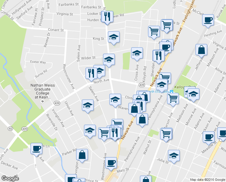 map of restaurants, bars, coffee shops, grocery stores, and more near 755 North Broad Street in Elizabeth