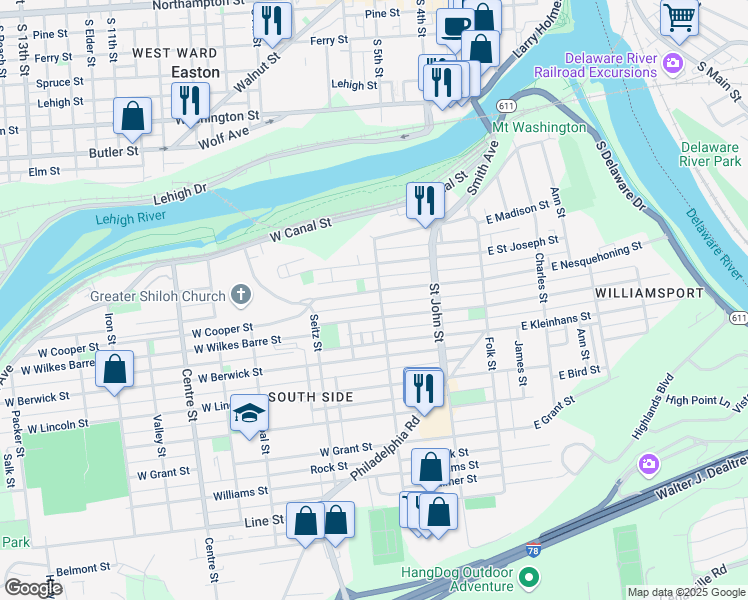 map of restaurants, bars, coffee shops, grocery stores, and more near 301 West Nesquehoning Street in Easton