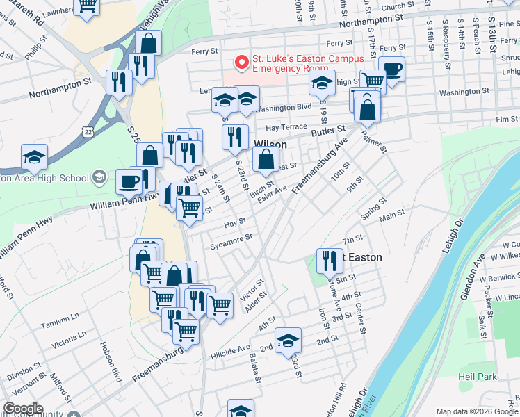 map of restaurants, bars, coffee shops, grocery stores, and more near 2248 Birch Street in Easton