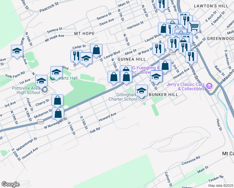 map of restaurants, bars, coffee shops, grocery stores, and more near 1127 West Market Street in Pottsville