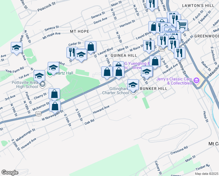 map of restaurants, bars, coffee shops, grocery stores, and more near 6 North 12th Street in Pottsville