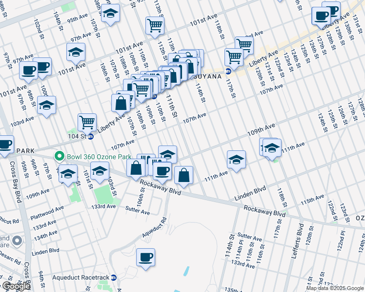 map of restaurants, bars, coffee shops, grocery stores, and more near 107-30 111th Street in Queens