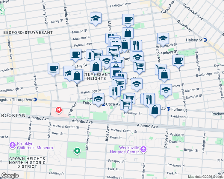 map of restaurants, bars, coffee shops, grocery stores, and more near 332 Malcolm X Boulevard in Brooklyn