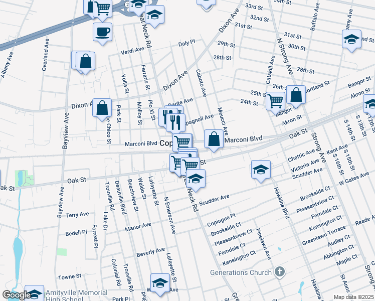 map of restaurants, bars, coffee shops, grocery stores, and more near in Copiague