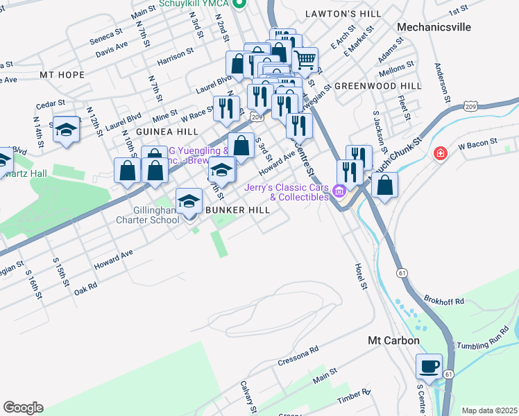 map of restaurants, bars, coffee shops, grocery stores, and more near 507 Pierce Street in Pottsville