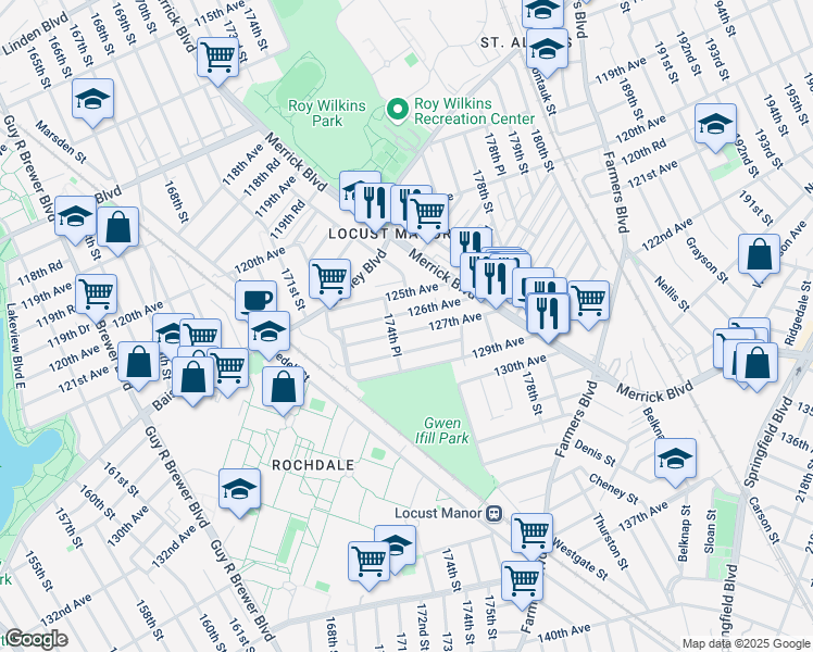map of restaurants, bars, coffee shops, grocery stores, and more near 174-36 126th Avenue in Queens