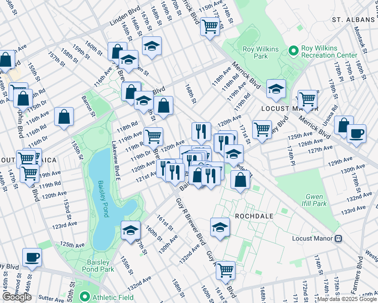 map of restaurants, bars, coffee shops, grocery stores, and more near 165-12 120th Avenue in Queens