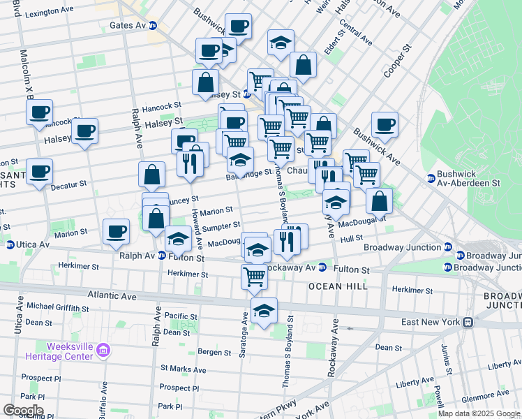 map of restaurants, bars, coffee shops, grocery stores, and more near 341 Marion Street in Brooklyn