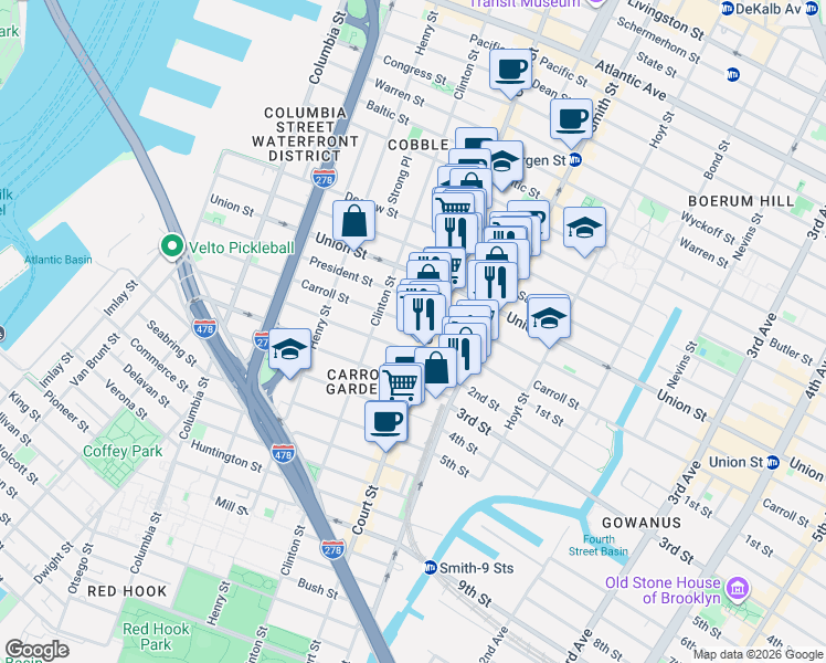 map of restaurants, bars, coffee shops, grocery stores, and more near 374 Court Street in Brooklyn