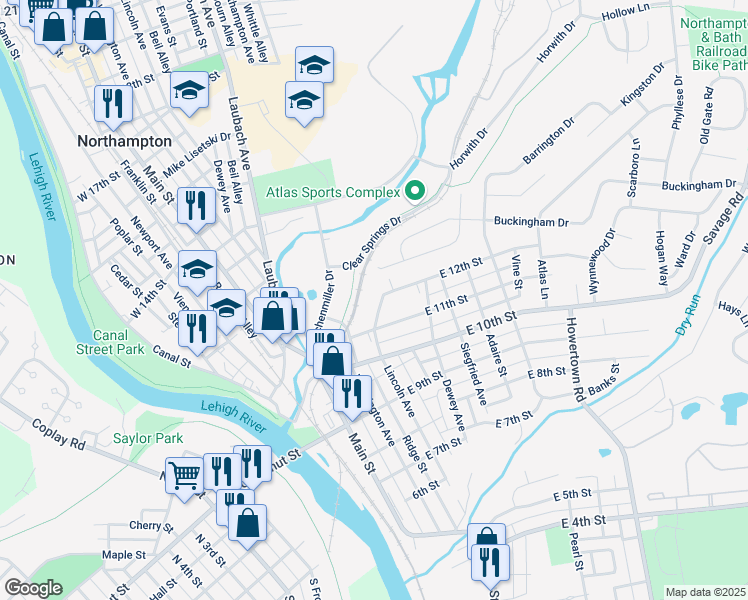 map of restaurants, bars, coffee shops, grocery stores, and more near 301 East 12th Street in Northampton