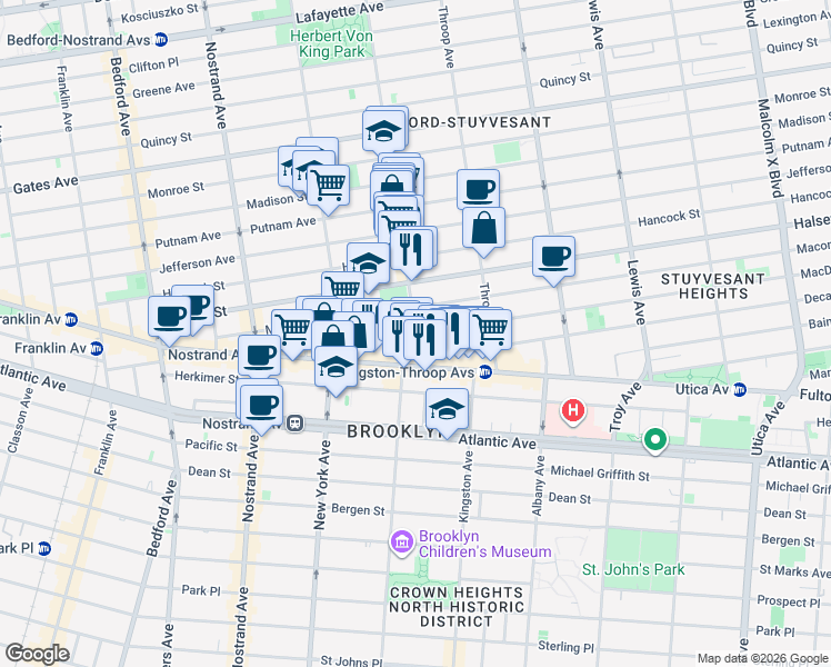 map of restaurants, bars, coffee shops, grocery stores, and more near 72 MacDonough Street in Brooklyn