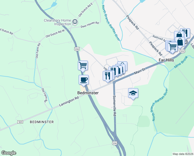 map of restaurants, bars, coffee shops, grocery stores, and more near 13 Steeple Chase Court in Bedminster