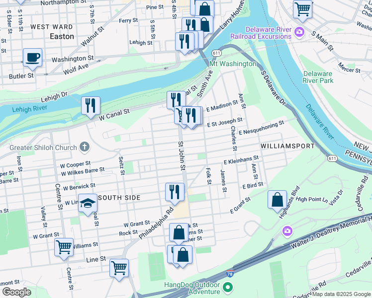 map of restaurants, bars, coffee shops, grocery stores, and more near 152 West Nesquehoning Street in Easton