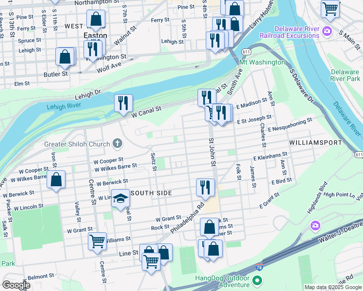 map of restaurants, bars, coffee shops, grocery stores, and more near 301 West Nesquehoning Street in Easton