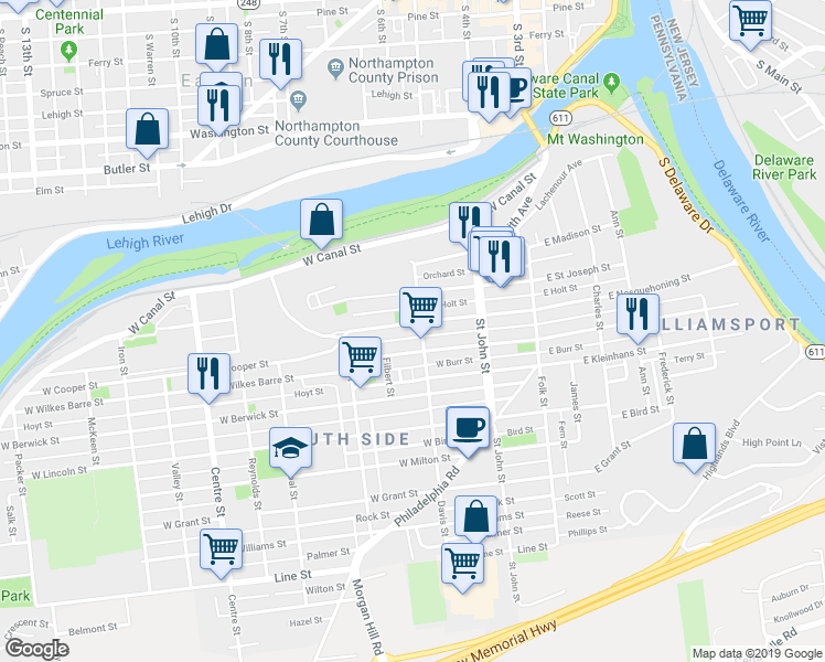 map of restaurants, bars, coffee shops, grocery stores, and more near 310 West Nesquehoning Street in Easton