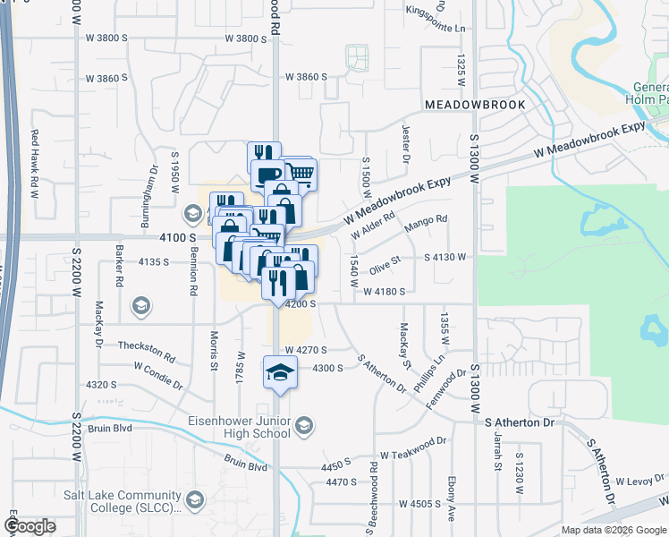 map of restaurants, bars, coffee shops, grocery stores, and more near 4148 South Oak Meadows Drive in Taylorsville
