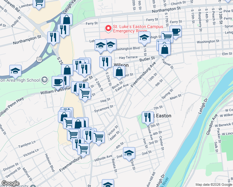 map of restaurants, bars, coffee shops, grocery stores, and more near 2248 Birch Street in Easton