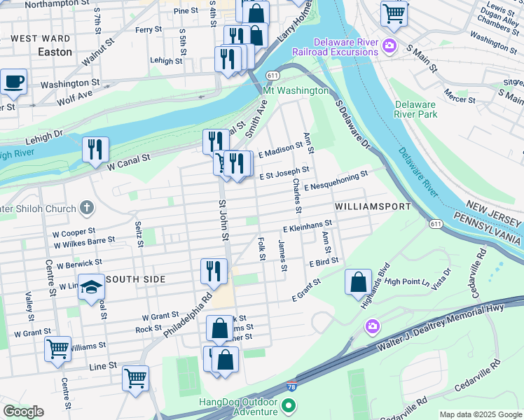map of restaurants, bars, coffee shops, grocery stores, and more near 100 East Wilkes Barre Street in Easton