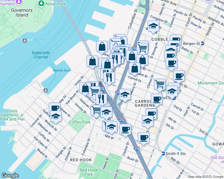 map of restaurants, bars, coffee shops, grocery stores, and more near 8 Woodhull Street in Brooklyn