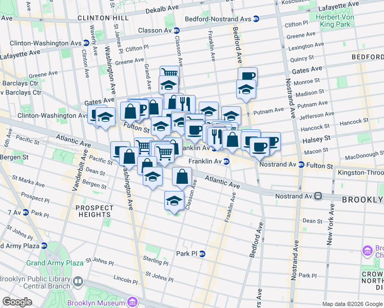 map of restaurants, bars, coffee shops, grocery stores, and more near 125 Lefferts Place in Brooklyn