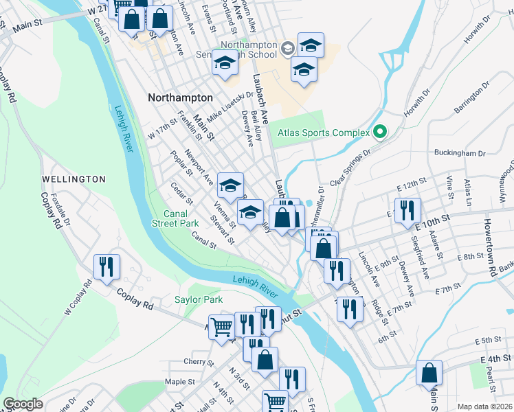 map of restaurants, bars, coffee shops, grocery stores, and more near 1315 Main Street in Northampton