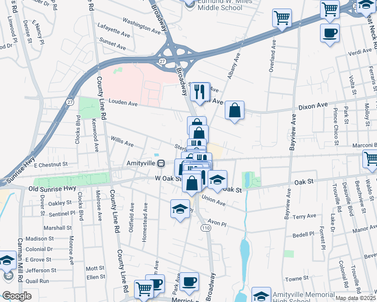 map of restaurants, bars, coffee shops, grocery stores, and more near 24 Sterling Place in Amityville
