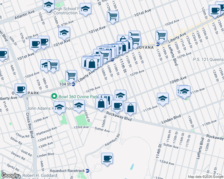 map of restaurants, bars, coffee shops, grocery stores, and more near 107-15 109th Street in Queens