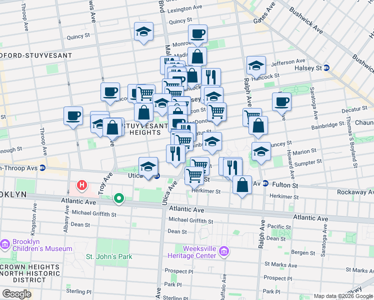 map of restaurants, bars, coffee shops, grocery stores, and more near 332 Malcolm X Boulevard in Brooklyn