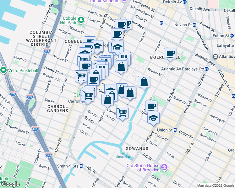 map of restaurants, bars, coffee shops, grocery stores, and more near 438 Degraw Street in Brooklyn