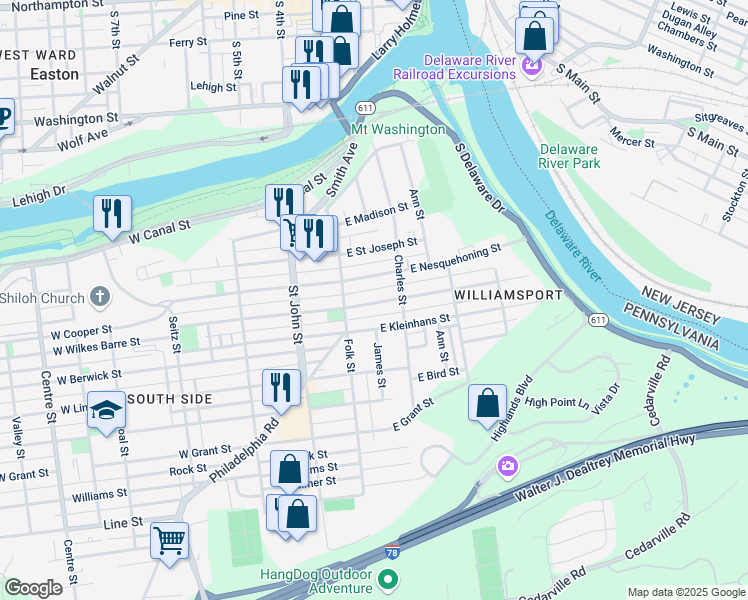 map of restaurants, bars, coffee shops, grocery stores, and more near 140 East Wilkes Barre Street in Easton