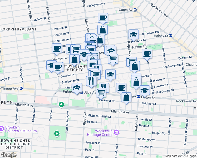 map of restaurants, bars, coffee shops, grocery stores, and more near 239 Bainbridge Street in Brooklyn