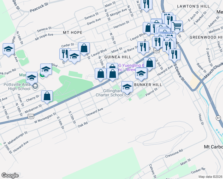 map of restaurants, bars, coffee shops, grocery stores, and more near 1016 West Norwegian Street in Pottsville