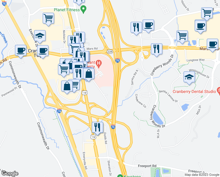 map of restaurants, bars, coffee shops, grocery stores, and more near 1266 Norberry Court in Cranberry Township