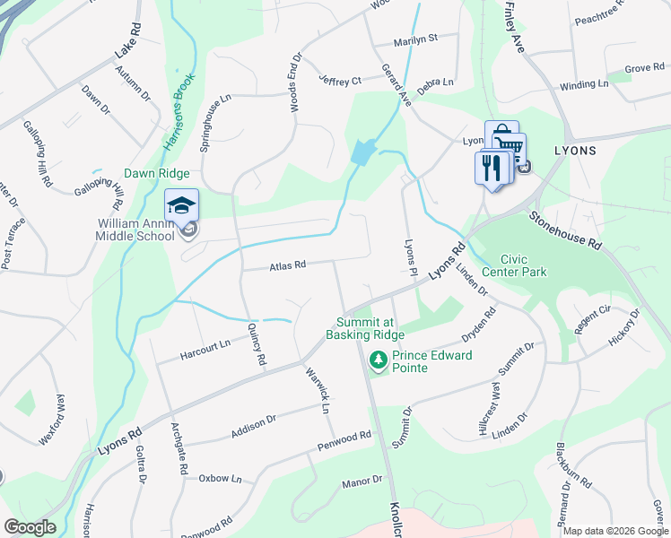 map of restaurants, bars, coffee shops, grocery stores, and more near 44 Atlas Road in Basking Ridge