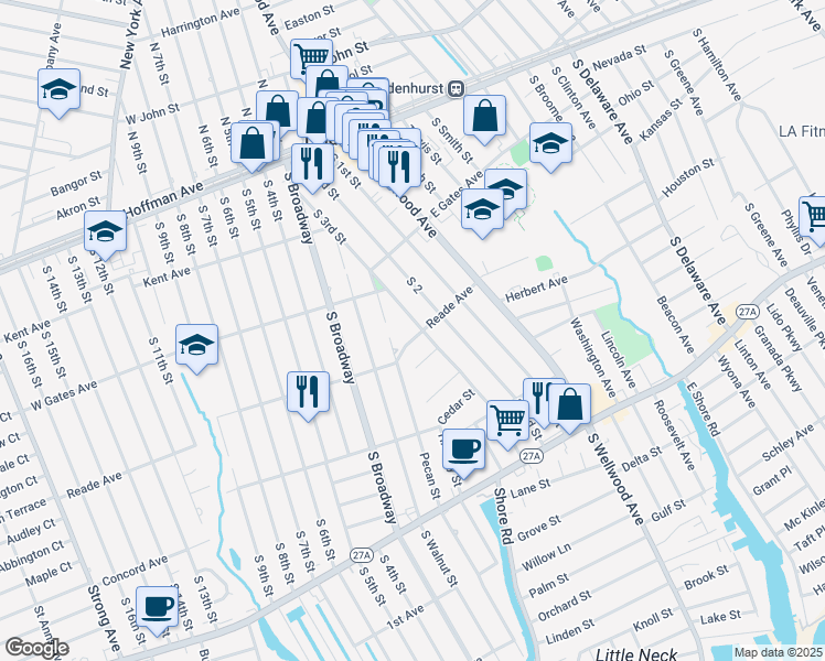 map of restaurants, bars, coffee shops, grocery stores, and more near 376 South 3rd Street in Lindenhurst