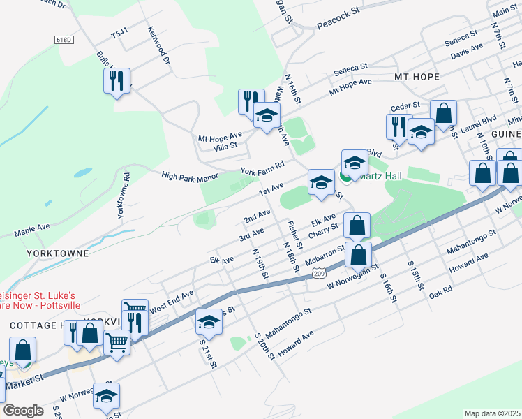 map of restaurants, bars, coffee shops, grocery stores, and more near 1804 2nd Avenue in Pottsville