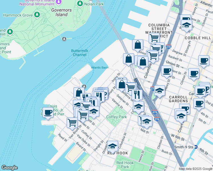 map of restaurants, bars, coffee shops, grocery stores, and more near 122 Verona Street in Brooklyn