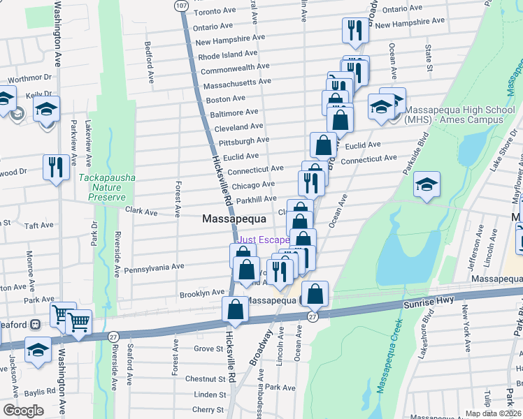 map of restaurants, bars, coffee shops, grocery stores, and more near 82 Parkhill Avenue in Massapequa
