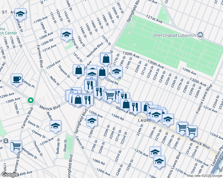 map of restaurants, bars, coffee shops, grocery stores, and more near 132-34 218th Street in Queens