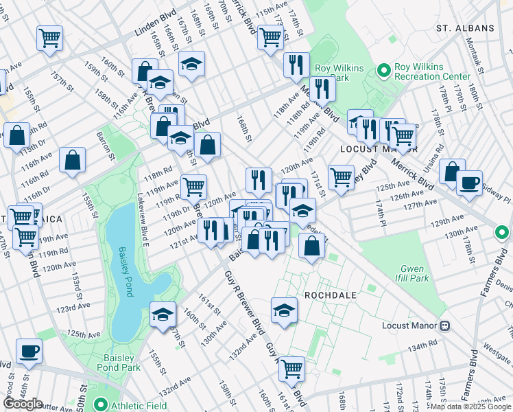 map of restaurants, bars, coffee shops, grocery stores, and more near in Queens