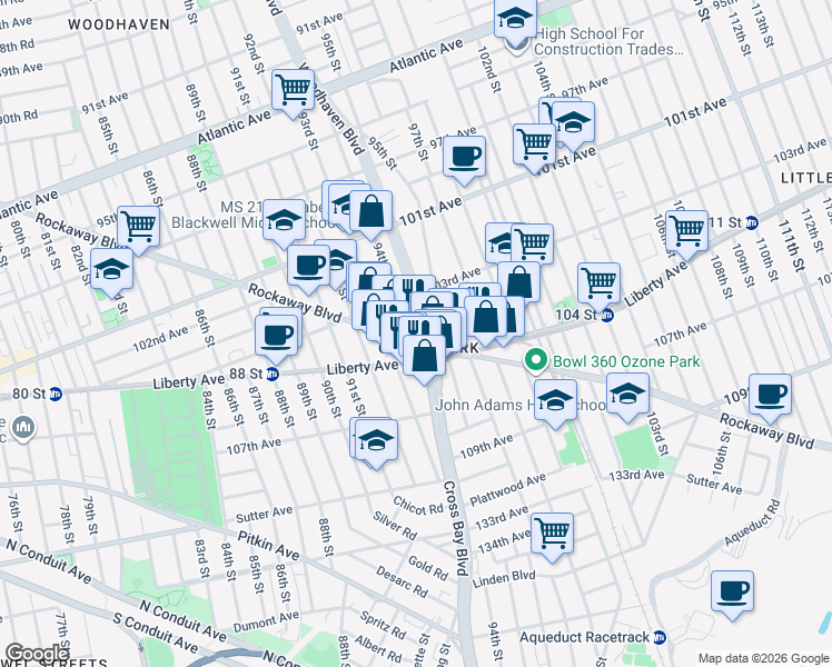 map of restaurants, bars, coffee shops, grocery stores, and more near 10327A Woodhaven Boulevard in Queens