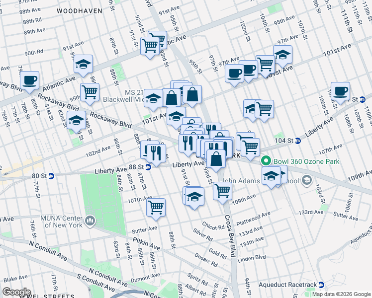map of restaurants, bars, coffee shops, grocery stores, and more near 91-23 Rockaway Boulevard in Queens